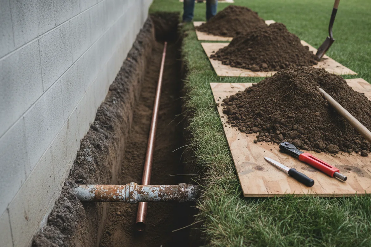 Excavated water line trench during Water Softener Installation in Scott Air Force Base